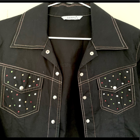 Black Cotton Collared Short Blazer Jacket colorful Jeweled beadings Rhinestones - Picture 5 of 16